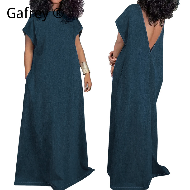 Vintage Fashion Plus Size - เดรสยีนส์ยาวทรงเข้ารูปสำหรับผู้หญิงไซส์ใหญ่พิเศษ XXXL แบบไม่มีแขน เปิดหลัง สไตล์ลำลอง วินเทจ