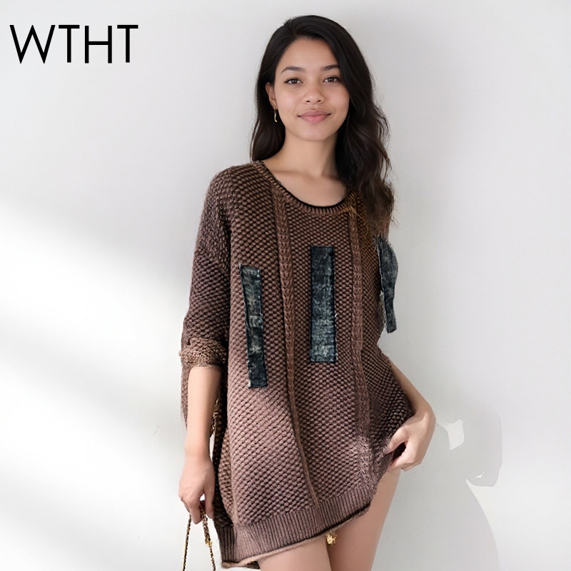 Vintage Fashion Influencer - เสื้อสเวตเตอร์ถักสไตล์วินเทจ WTHT สำหรับผู้หญิง ดีไซน์แบบแพทช์เวิร์ค ลำลอง แฟชั่นฤดูหนาว