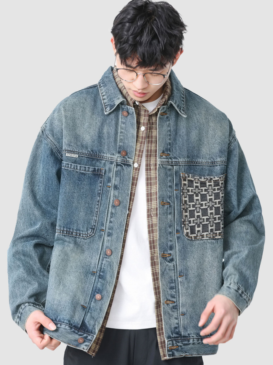 Vintage Fashion Hong Kong - เย็บปักถักร้อยวินเทจกระเป๋า DENIM แจ็คเก็ตผู้ชาย Street แฟชั่น Patch