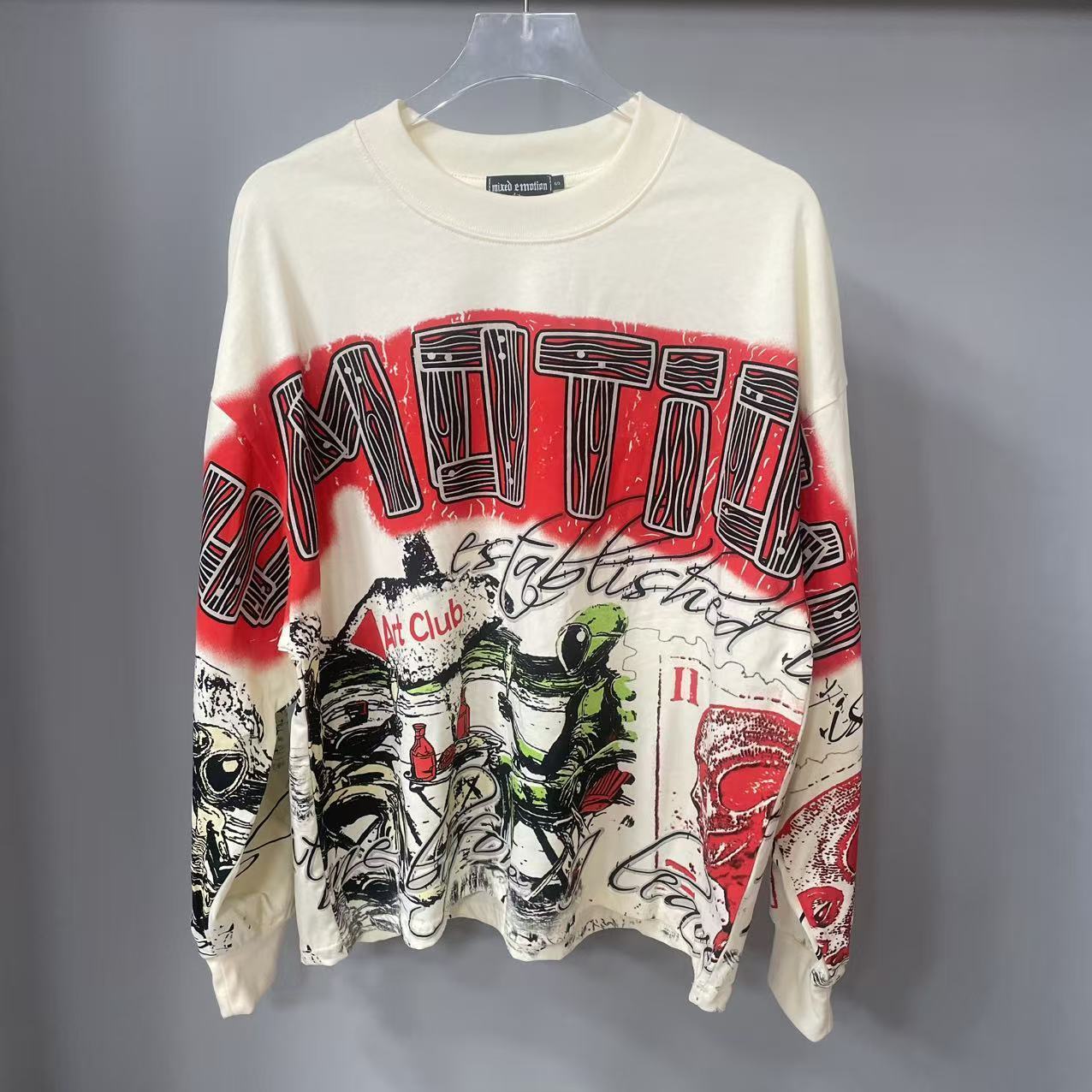 Vintage Old Fashion - เสื้อยืดแขนยาวดีไซน์เนอร์คุณภาพสูง MIXED-EMOTION ผ้าฝ้าย 100% สำหรับผู้ชายและผู้หญิง ลายพิมพ์วินเทจและประดับคริสตัล