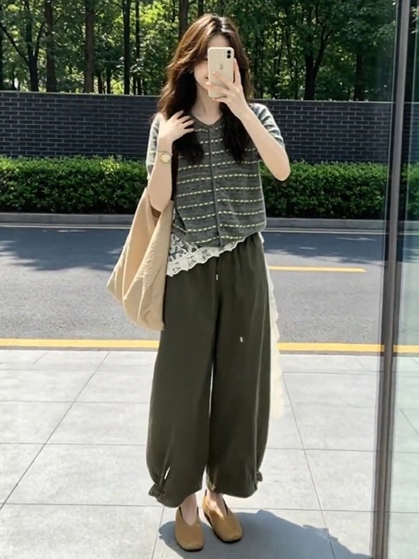 Vintage Fashion Hong Kong - สีขาวสไตล์วินเทจสไตล์ฮ่องกงดีไซน์ฤดูร้อนกระดุมเดี่ยวลายดอกไม้กางเกงผ้าลูกไม้ชุดสามชิ้นแฟชั่นสตรี