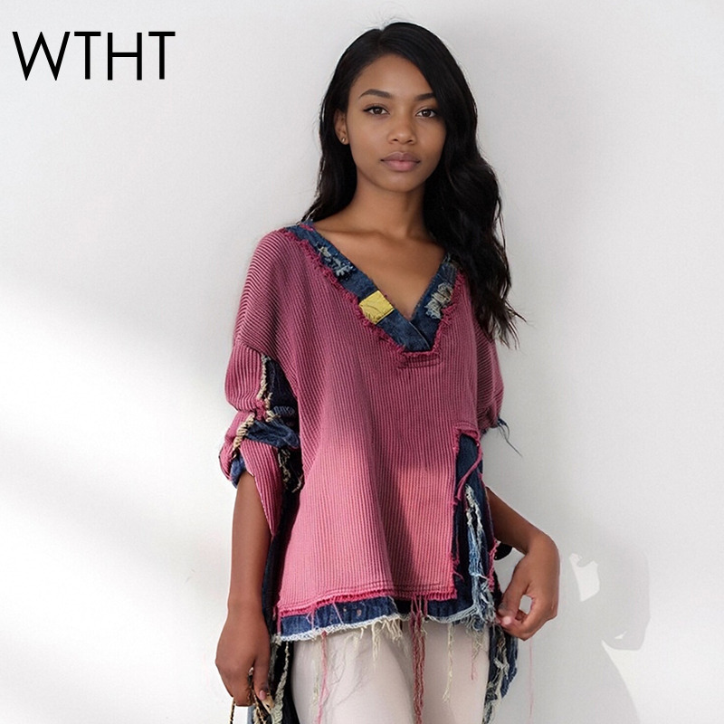 Vintage Fashion Influencer - เสื้อสเวตเตอร์ผู้หญิง WTHT แฟชั่นสไตล์วินเทจ ตัดต่อผ้าเดนิม ทรงไม่สมมาตร คอลเลคชั่นฤดูใบไม้ร่วง