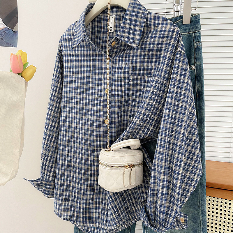 Vintage Old Fashion - เสื้อเชิ้ตลายสก๊อตสไตล์เกาหลีสไตล์วินเทจฤดูใบไม้ผลิและฤดูใบไม้ร่วงใหม่เสื้อลำลองอเนกประสงค์หลวมและกระชับสัดส่วนเสื้อเชิ้ตสไตล์วิทยาลัยอเนกประสงค์