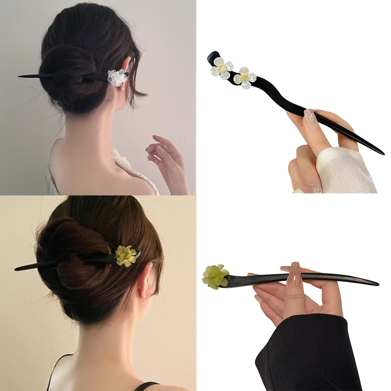 Vintage Fashion Stores - วินเทจสไตล์จีนไม้ดอกไม้ผม Sticks Pearl Hairpin เครื่องประดับสําหรับผู้หญิงอารมณ์อุปกรณ์เสริมผมจัดแต่งทรงผม Gif