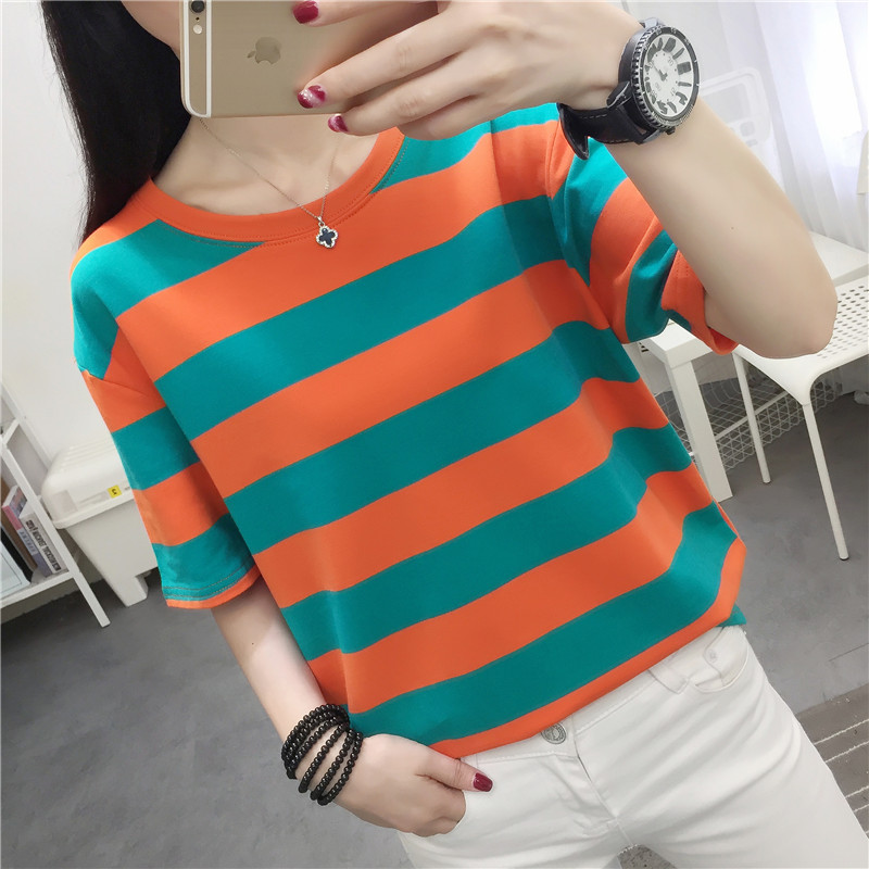 Vintage Fashion Influencer - เสื้อยืดเด็กผู้หญิงแขนสั้นลายทางสุดฮิต ทรงหลวม ผ้าโพลีเอสเตอร์ผสม สไตล์ลำลองแฟชั่นฤดูร้อน ให้ความรู้สึกวินเทจ ผสมผสานกลิ่นอายเกาหลี