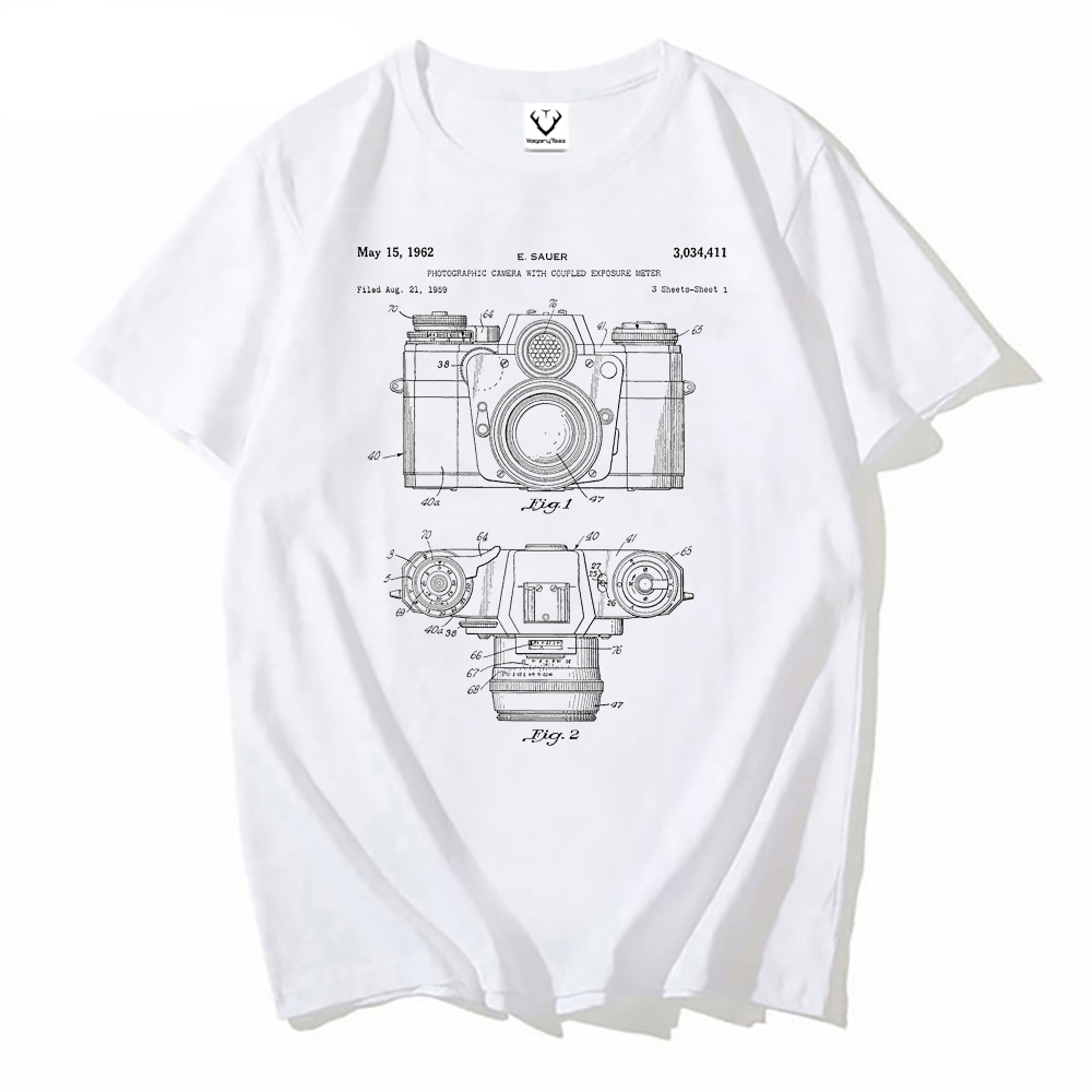 Vintage Fashion Photography - แฟชั่น vintage ผู้ชายแขนสั้นฤดูร้อน Boy Tees การถ่ายภาพคนรักศิลปะชายเสื้อกล้องสิทธิบัตรสีดําและสีขาวคลาสสิกเสื้อยืด