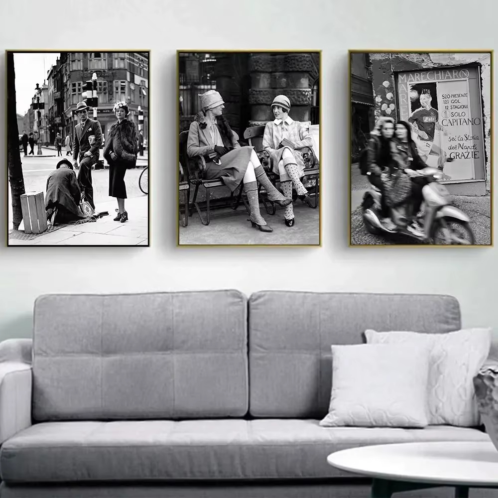 Vintage Fashion Photography - แฟชั่นสีดำและสีขาววินเทจภาพพิมพ์การถ่ายภาพอิตาลีปารีสสตรีทโปสเตอร์ศิลปะบนกำแพงภาพวาดผ้าใบภาพตกแต่งห้องนั่งเล่น