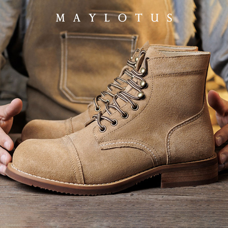 Vintage Old Fashion - รองเท้าบูทหนังกลับแบบ Goodyear-Welted สไตล์มอเตอร์ไซค์ ทนทาน แนววินเทจ หนังกลับ
