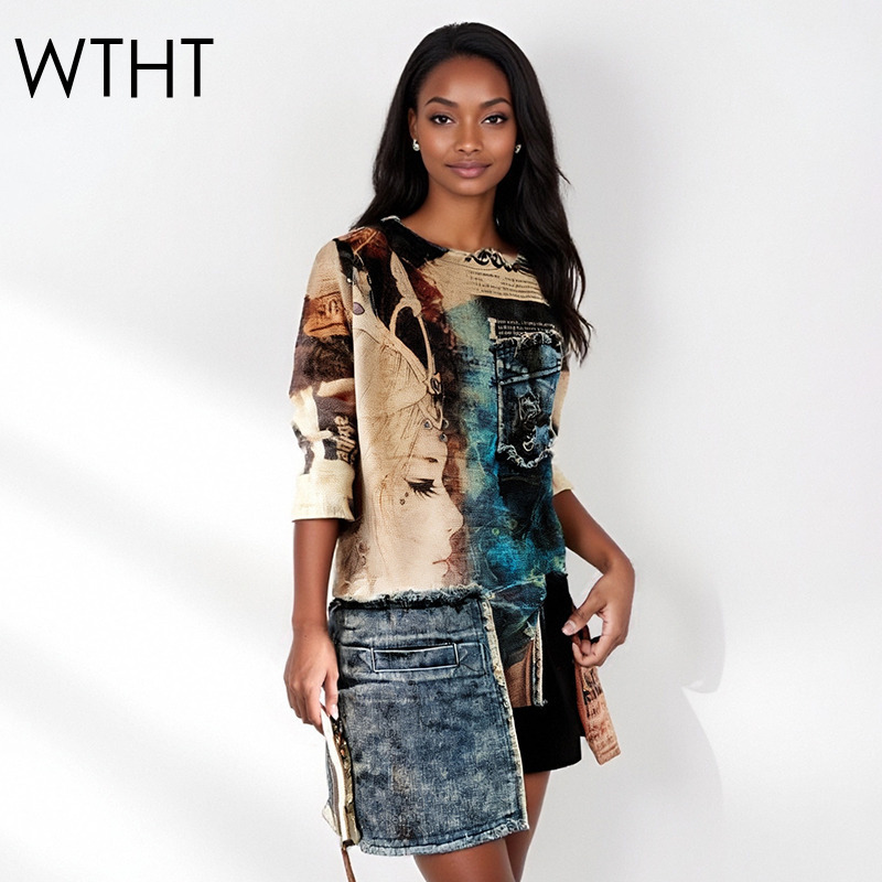 Vintage Fashion Influencer - เสื้อสเวตเตอร์ไหมพรม WTHT แฟชั่นวินเทจสำหรับผู้หญิง ดีไซน์ต่อผ้าแบบไม่สมมาตร รุ่นปี 2025