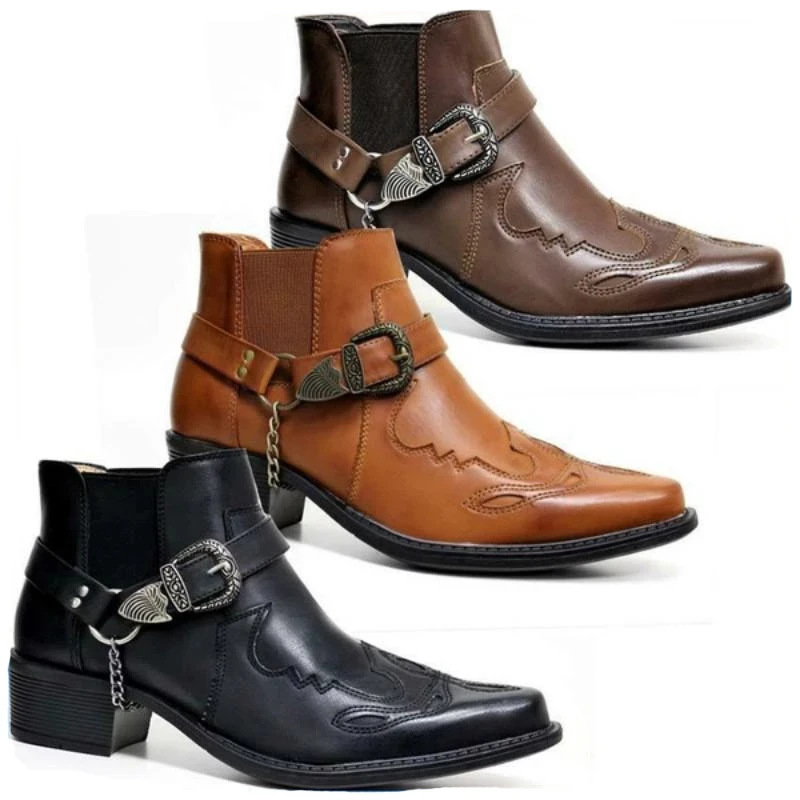 Vintage Old Fashion - รองเท้าบูทคาวบอยวินเทจหนังแท้ทรงสูงประดับโซ่และหัวเข็มขัดสไตล์พังก์สำหรับผู้ชาย แฟชั่นปี 2026 รองเท้าบูทข้อเท้าทรงแหลมสำหรับนักขี่มอเตอร์ไซค์